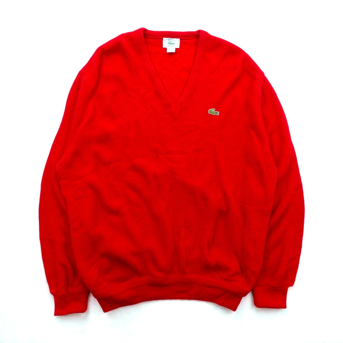 LACOSTE 80s Made in USA V-Neck Knit Sweater XL Red One Point Logo