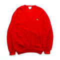 LACOSTE 80s Made in USA V-Neck Knit Sweater XL Red One Point Logo