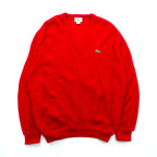 LACOSTE 80s Made in USA V-Neck Knit Sweater XL Red One Point Logo