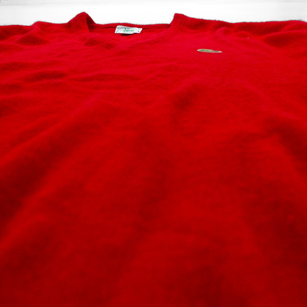 LACOSTE 80s Made in USA V-Neck Knit Sweater XL Red One Point Logo