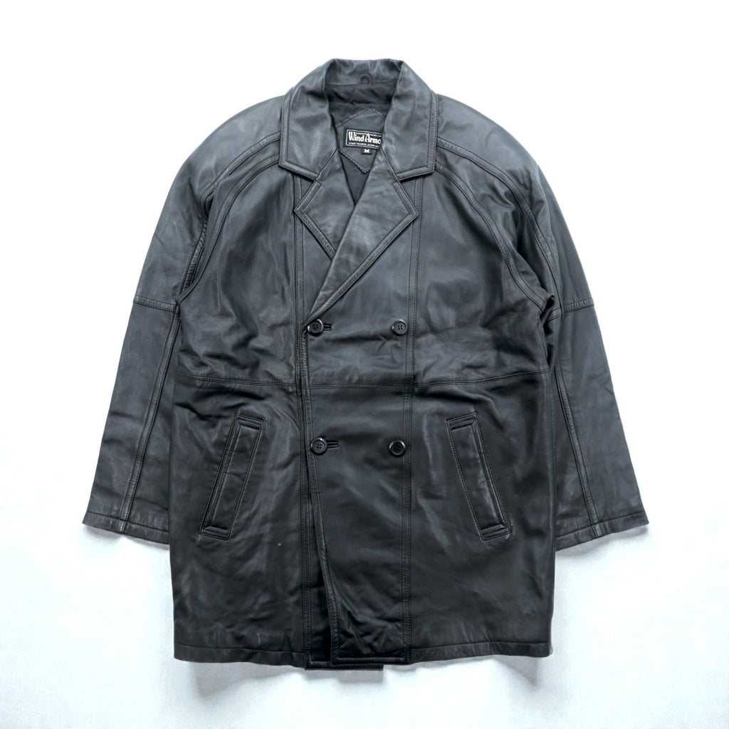 WInd Armor Double-Breasted Lamb Leather Chester Coat, Size L, Black, Sheepskin