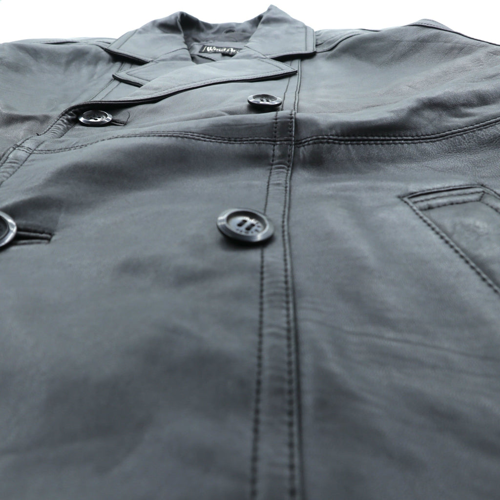 WInd Armor Double-Breasted Lamb Leather Chester Coat, Size L, Black, Sheepskin