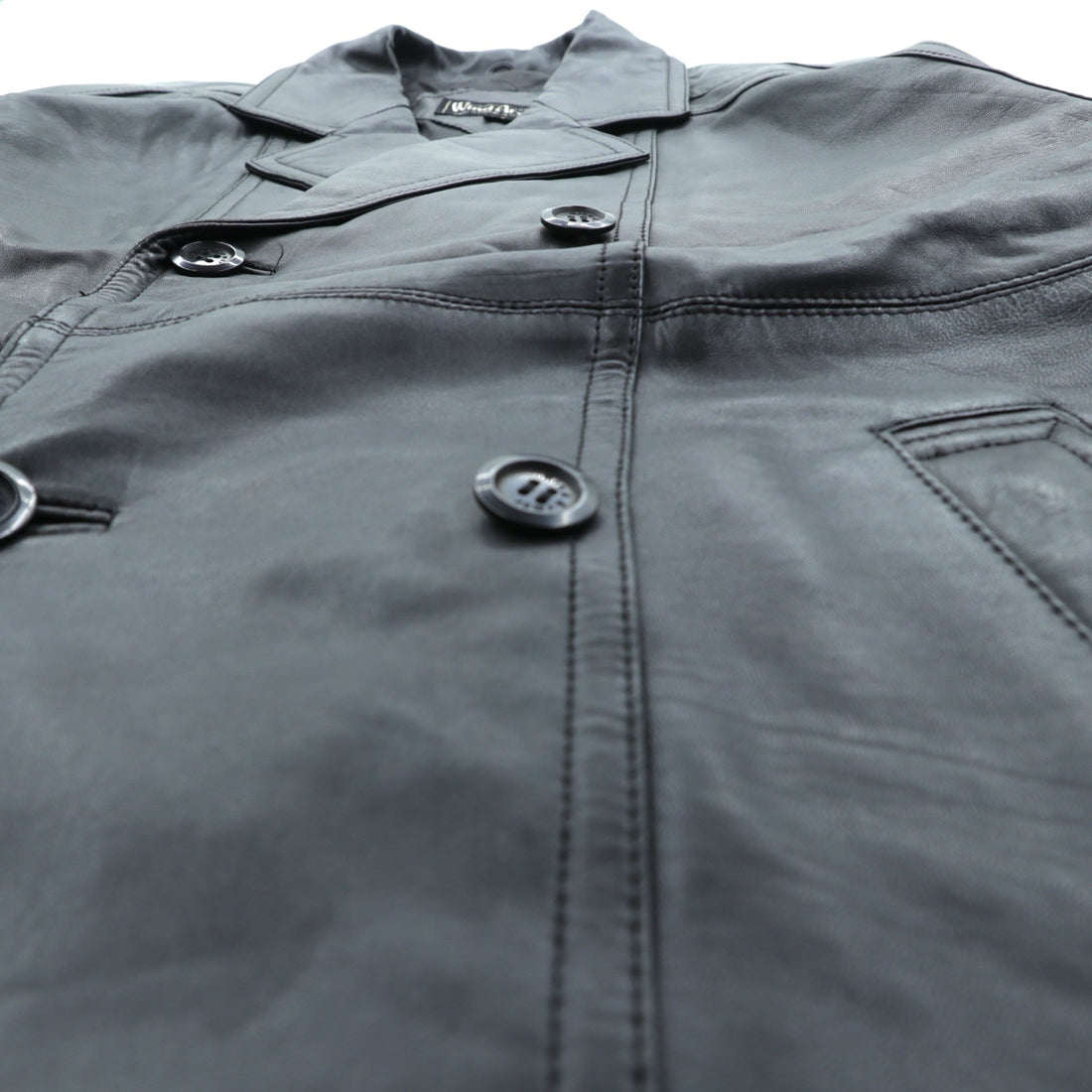 WInd Armor Double-Breasted Lamb Leather Chester Coat, Size L, Black, Sheepskin