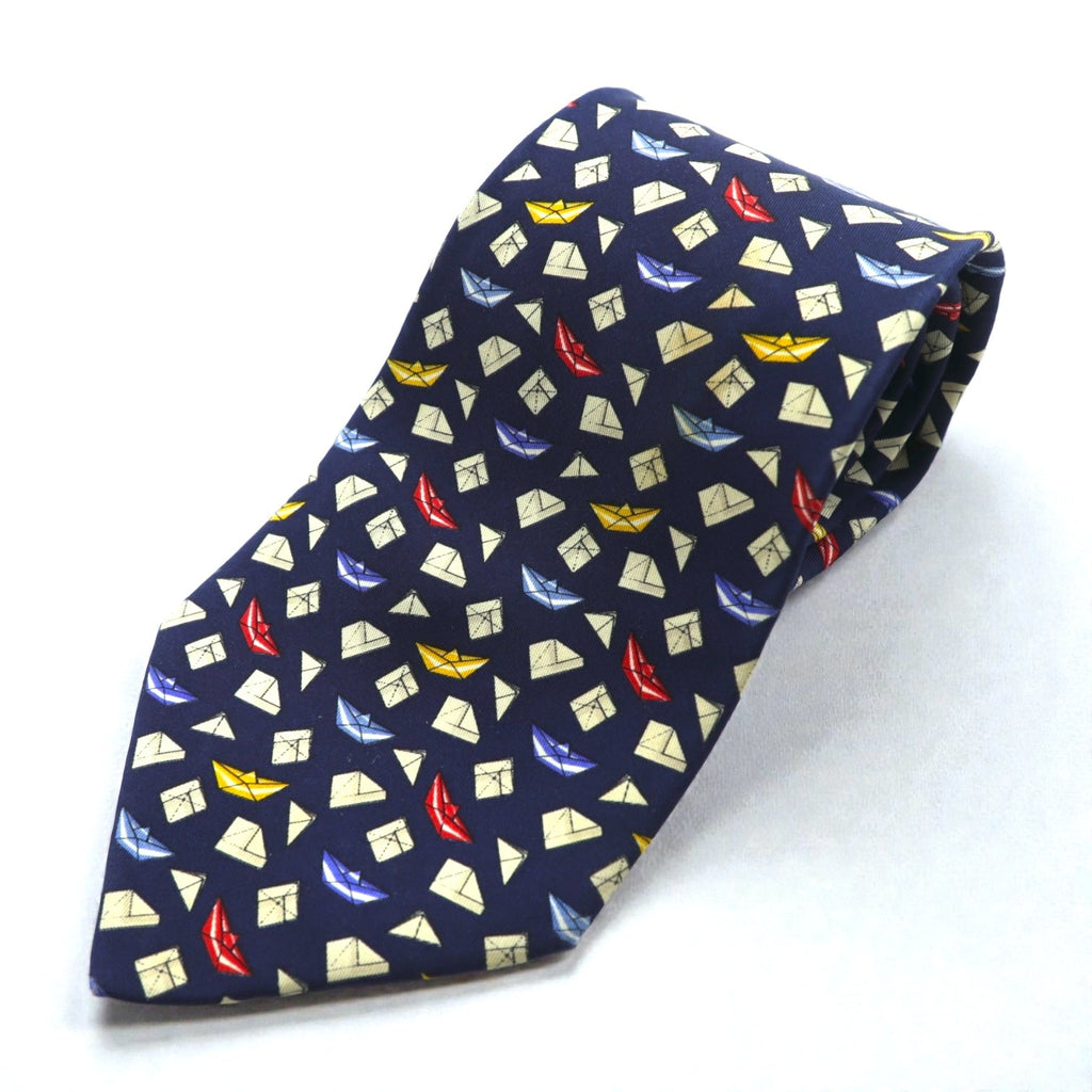 Salvatore Ferragamo Made in Italy Tie Navy Silk Allover Pattern Komon Geometric Origami