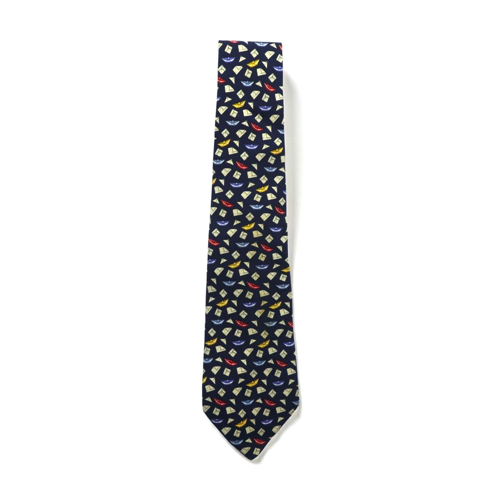 Salvatore Ferragamo Made in Italy Tie Navy Silk Allover Pattern Komon Geometric Origami