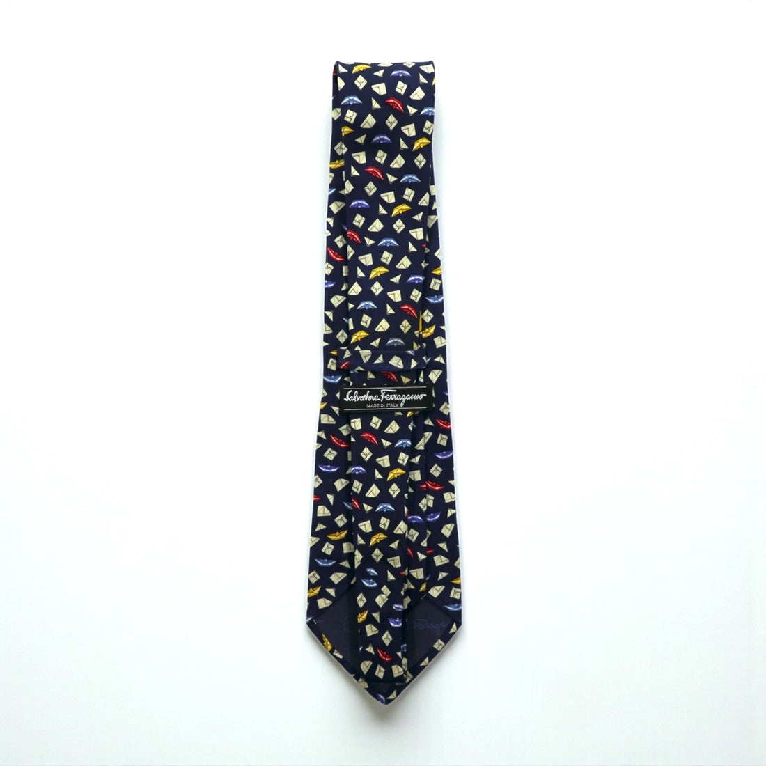 Salvatore Ferragamo Made in Italy Tie Navy Silk Allover Pattern Komon Geometric Origami