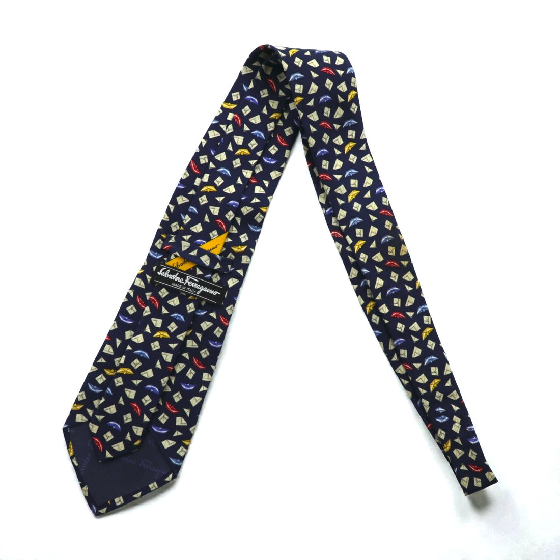 Salvatore Ferragamo Made in Italy Tie Navy Silk Allover Pattern Komon Geometric Origami