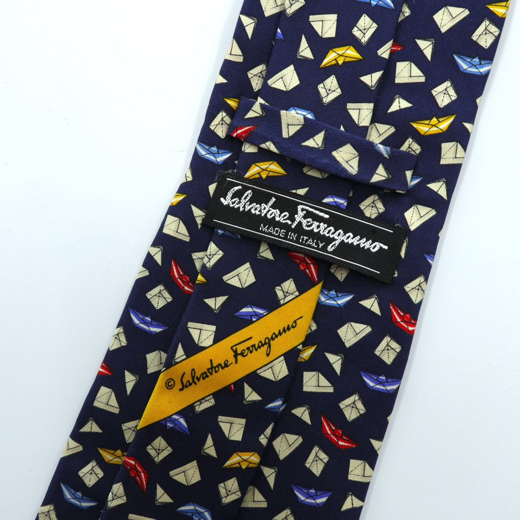 Salvatore Ferragamo Made in Italy Tie Navy Silk Allover Pattern Komon Geometric Origami