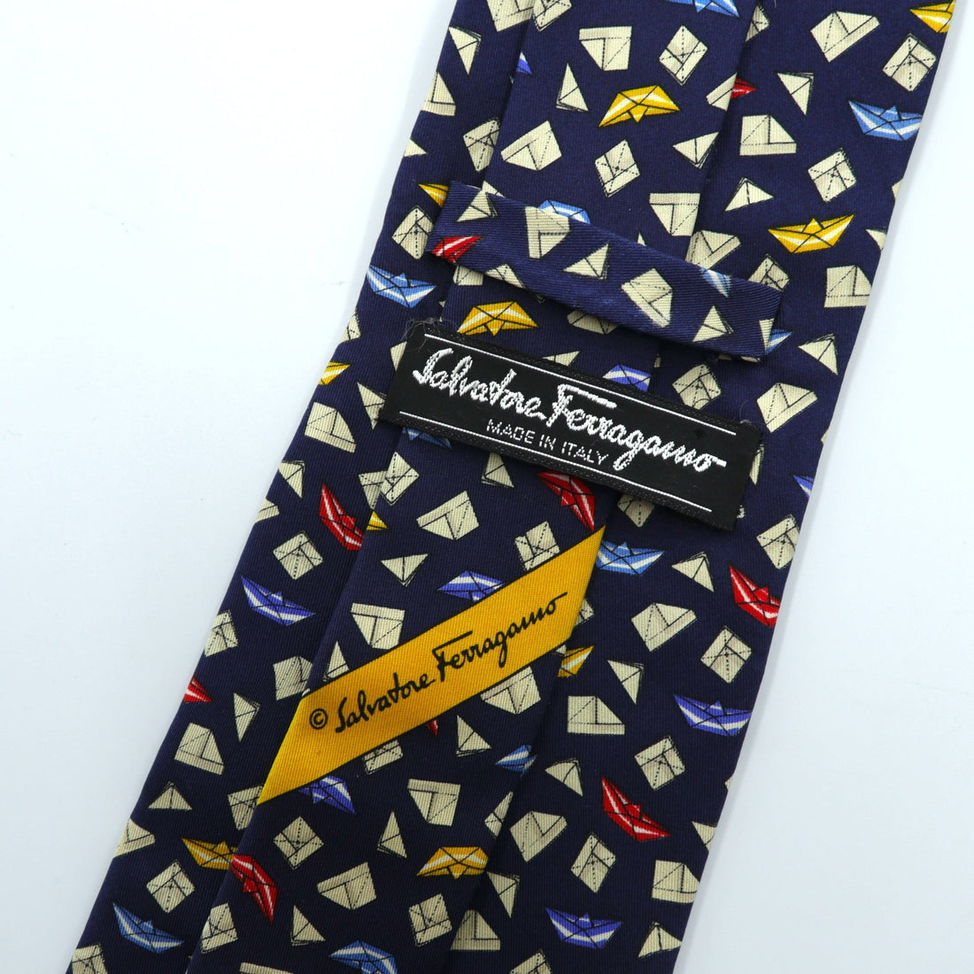 Salvatore Ferragamo Made in Italy Tie Navy Silk Allover Pattern Komon Geometric Origami