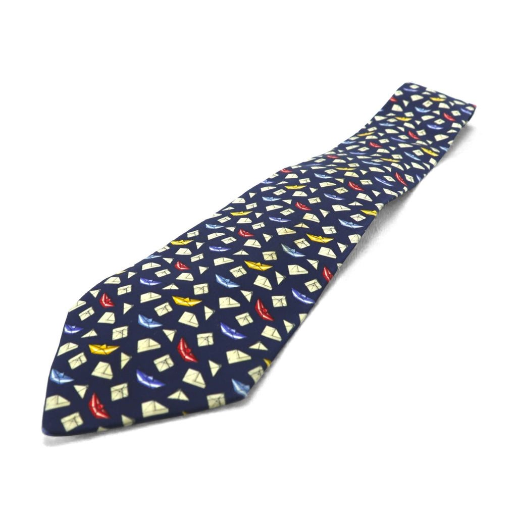 Salvatore Ferragamo Made in Italy Tie Navy Silk Allover Pattern Komon Geometric Origami