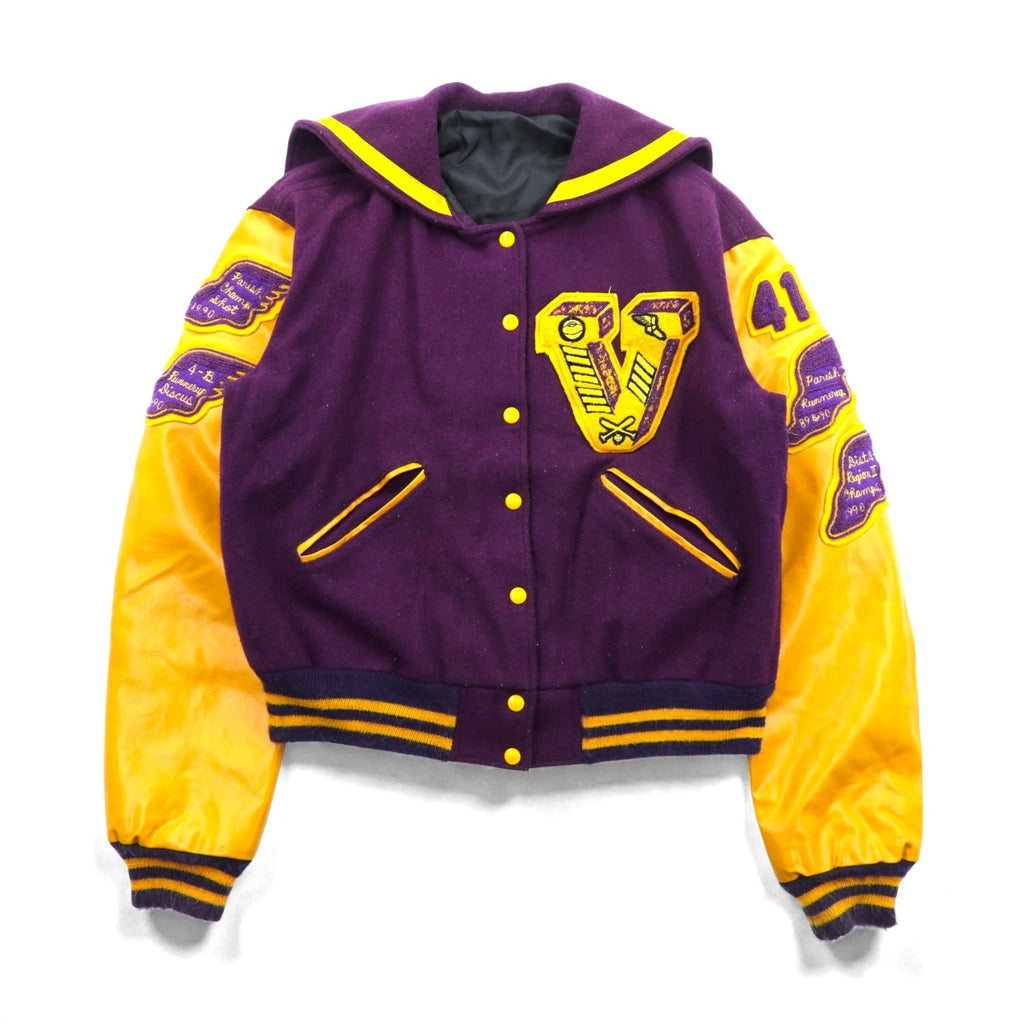 BELL'S SPORTING GOODS 70s USA Vintage Varsity Jacket, Lettered, XL, Wool, PULEATHEATRE Sleeves, Sailor Color Patch, Short Length, 70s, Made in