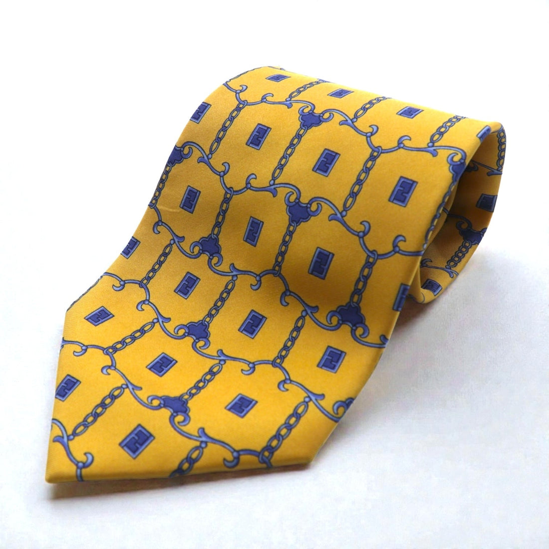 FENDI Tie Yellow Silk Allover Pattern Chain Zucca Cravatte Made in Italy