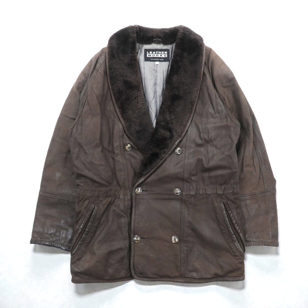 BEAMS 90s Shawl Color Double-Breasted Mouton Soutien Collar Coat, Medium, Brown Leather, Quilted Lining, LEATHER WORKS, EXCLUSIVELY