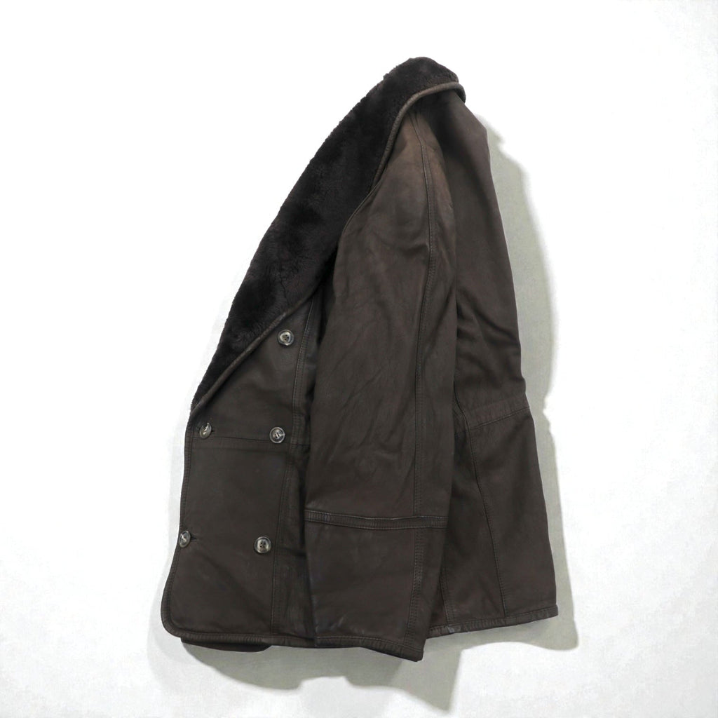 BEAMS 90s Shawl Color Double-Breasted Mouton Soutien Collar Coat, Medium, Brown Leather, Quilted Lining, LEATHER WORKS, EXCLUSIVELY