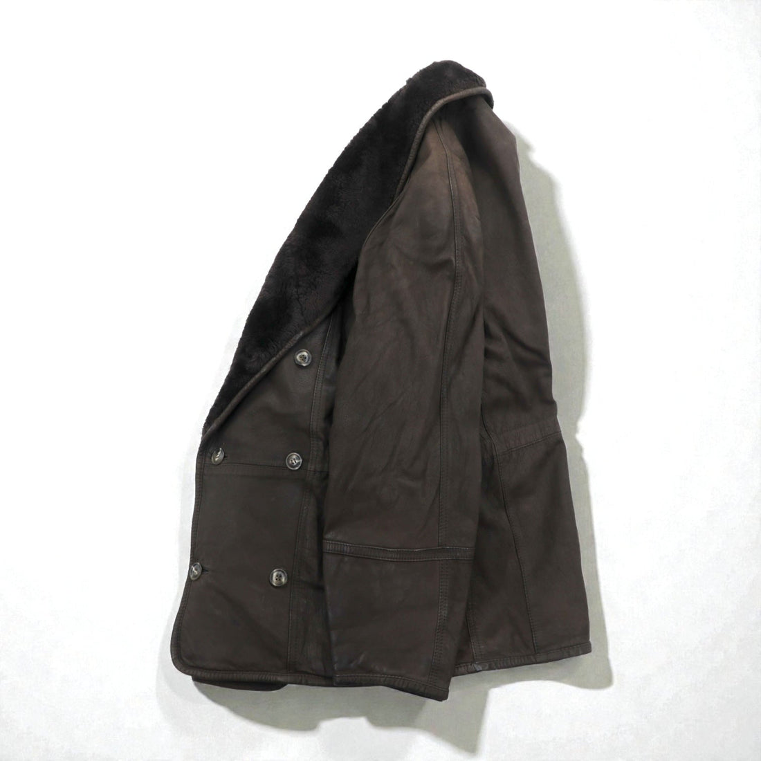 BEAMS 90s Shawl Color Double-Breasted Mouton Soutien Collar Coat, Medium, Brown Leather, Quilted Lining, LEATHER WORKS, EXCLUSIVELY