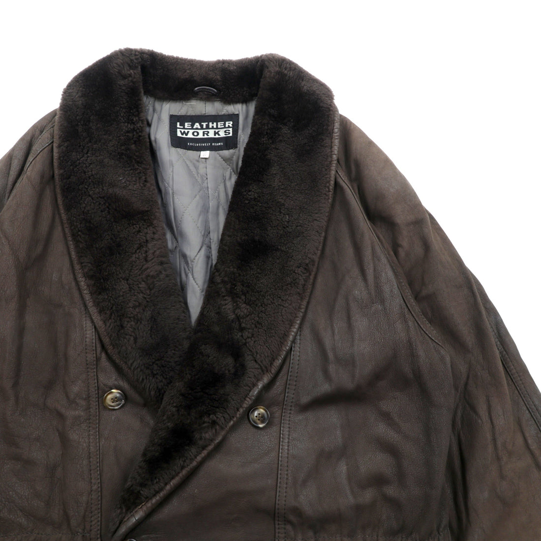 BEAMS 90s Shawl Color Double-Breasted Mouton Soutien Collar Coat, Medium, Brown Leather, Quilted Lining, LEATHER WORKS, EXCLUSIVELY