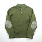 L.L.Bean Henley Knit Sweater, Size L, Leather Elbow Patches, Khaki Wool, DBH1