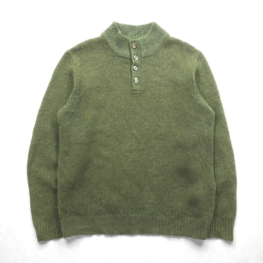 L.L.Bean Henley Knit Sweater, Size L, Leather Elbow Patches, Khaki Wool, DBH1