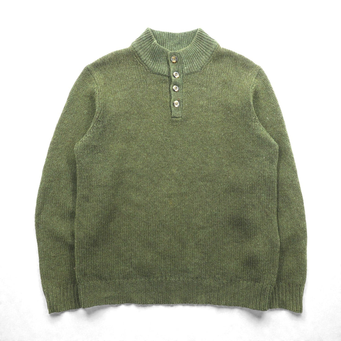 L.L.Bean Henley Knit Sweater, Size L, Leather Elbow Patches, Khaki Wool, DBH1