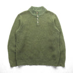 L.L.Bean Henley Knit Sweater, Size L, Leather Elbow Patches, Khaki Wool, DBH1