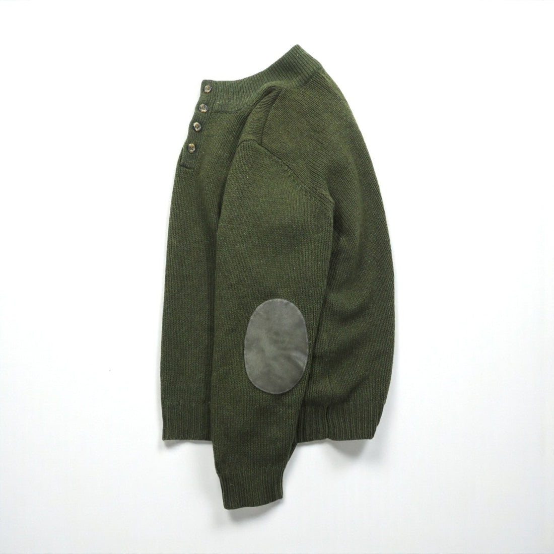 L.L.Bean Henley Knit Sweater, Size L, Leather Elbow Patches, Khaki Wool, DBH1