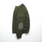 L.L.Bean Henley Knit Sweater, Size L, Leather Elbow Patches, Khaki Wool, DBH1