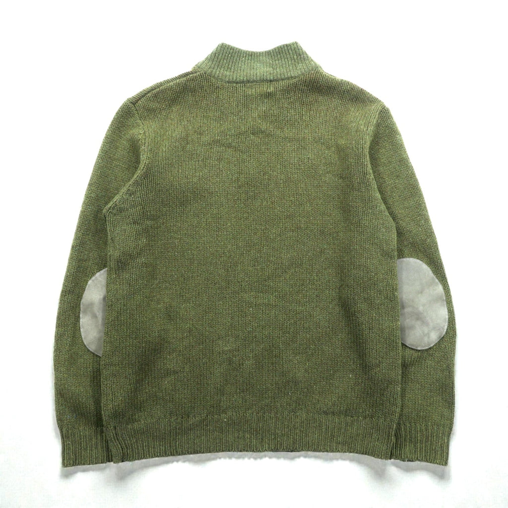 L.L.Bean Henley Knit Sweater, Size L, Leather Elbow Patches, Khaki Wool, DBH1