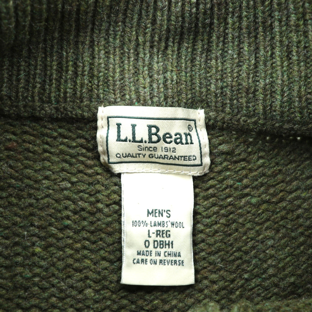 L.L.Bean Henley Knit Sweater, Size L, Leather Elbow Patches, Khaki Wool, DBH1