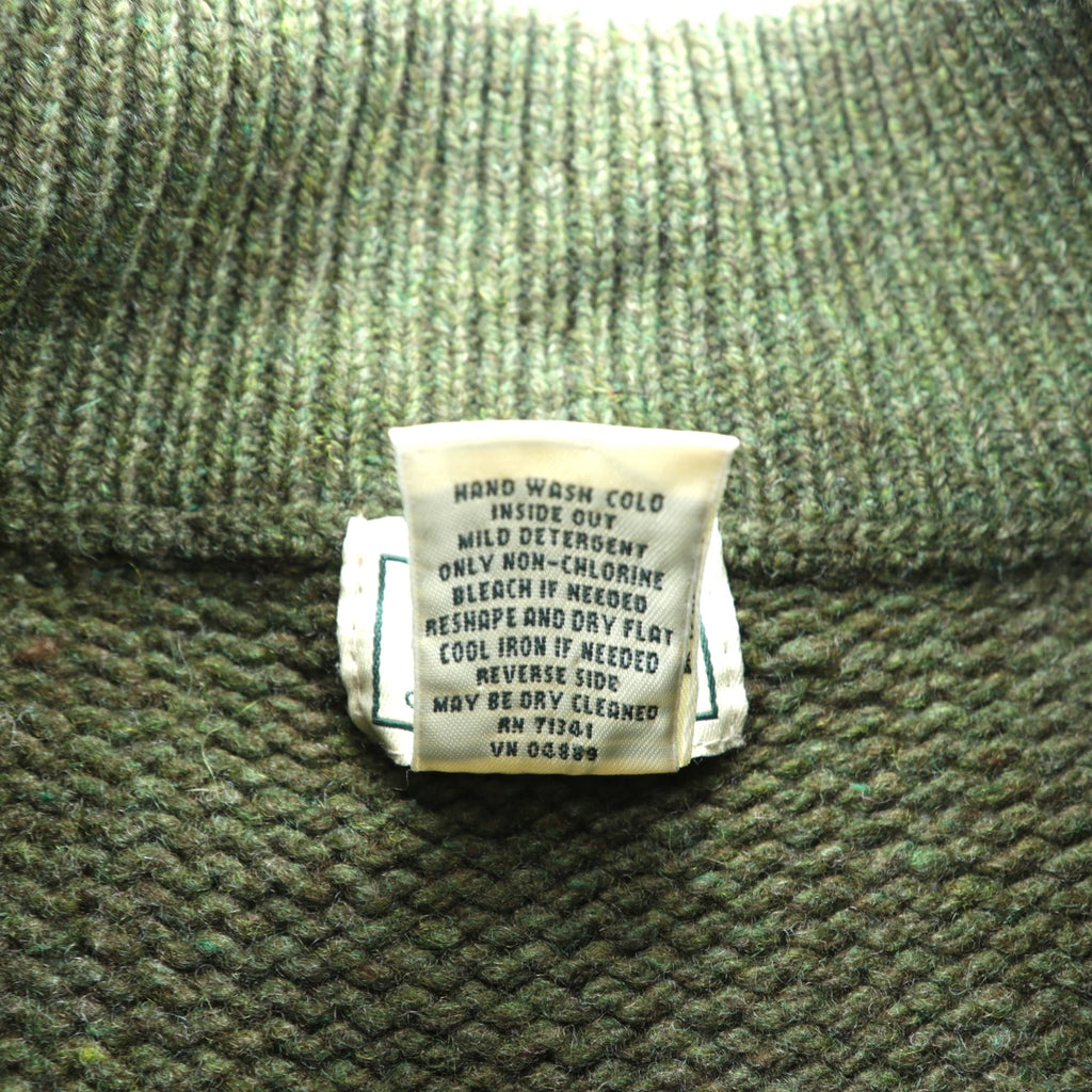 L.L.Bean Henley Knit Sweater, Size L, Leather Elbow Patches, Khaki Wool, DBH1