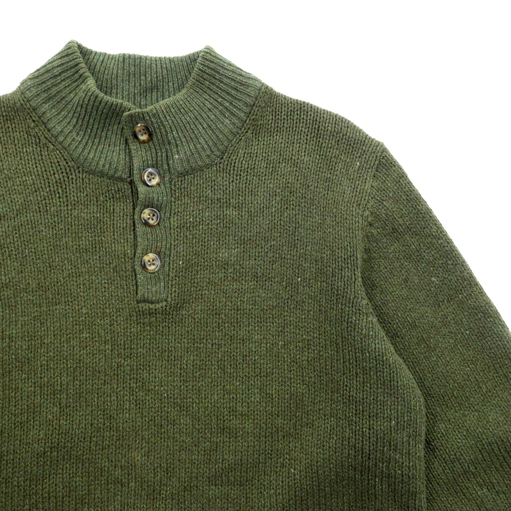 L.L.Bean Henley Knit Sweater, Size L, Leather Elbow Patches, Khaki Wool, DBH1
