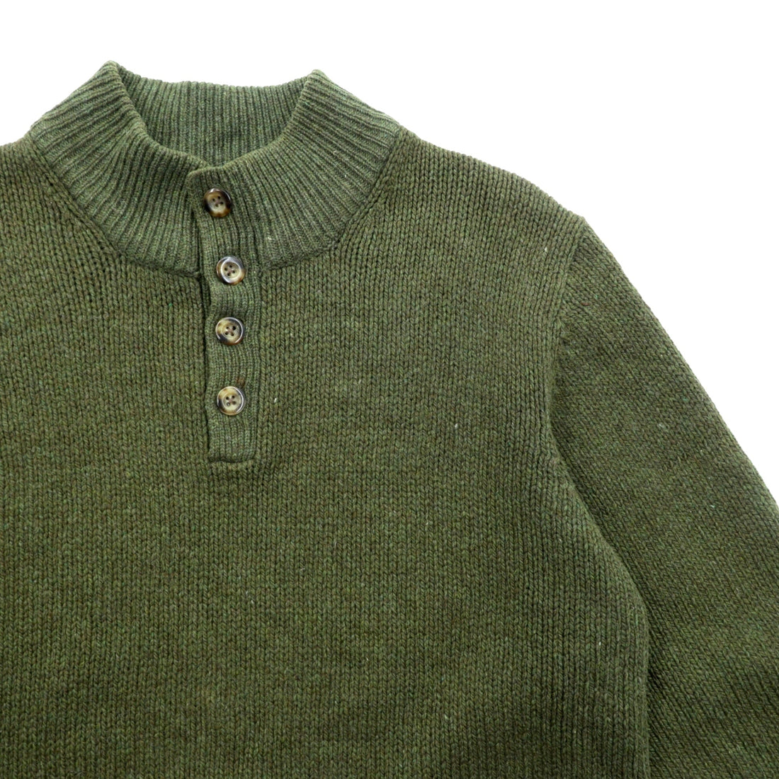 L.L.Bean Henley Knit Sweater, Size L, Leather Elbow Patches, Khaki Wool, DBH1