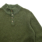 L.L.Bean Henley Knit Sweater, Size L, Leather Elbow Patches, Khaki Wool, DBH1