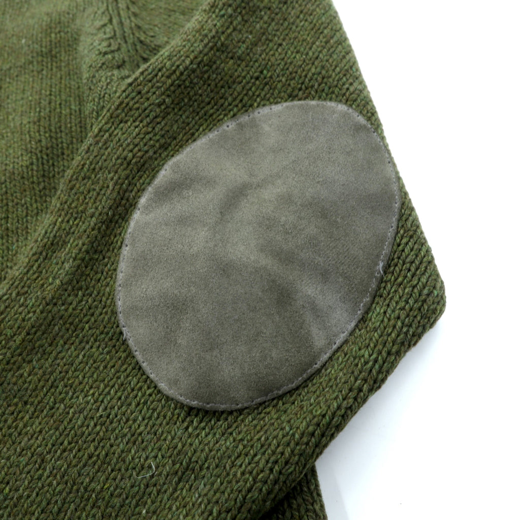 L.L.Bean Henley Knit Sweater, Size L, Leather Elbow Patches, Khaki Wool, DBH1