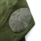 L.L.Bean Henley Knit Sweater, Size L, Leather Elbow Patches, Khaki Wool, DBH1