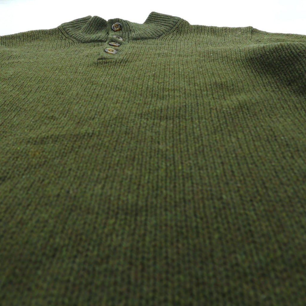 L.L.Bean Henley Knit Sweater, Size L, Leather Elbow Patches, Khaki Wool, DBH1