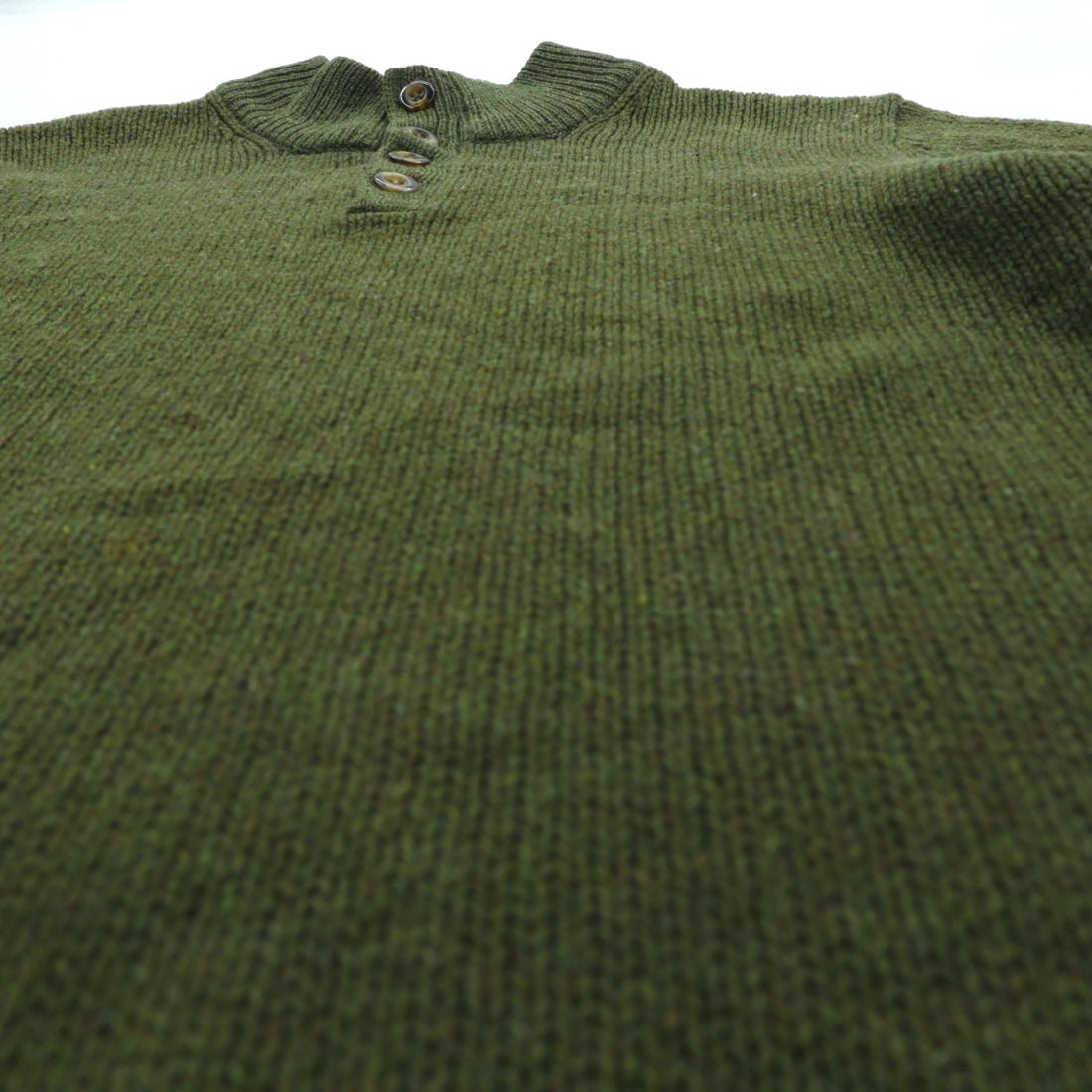 L.L.Bean Henley Knit Sweater, Size L, Leather Elbow Patches, Khaki Wool, DBH1