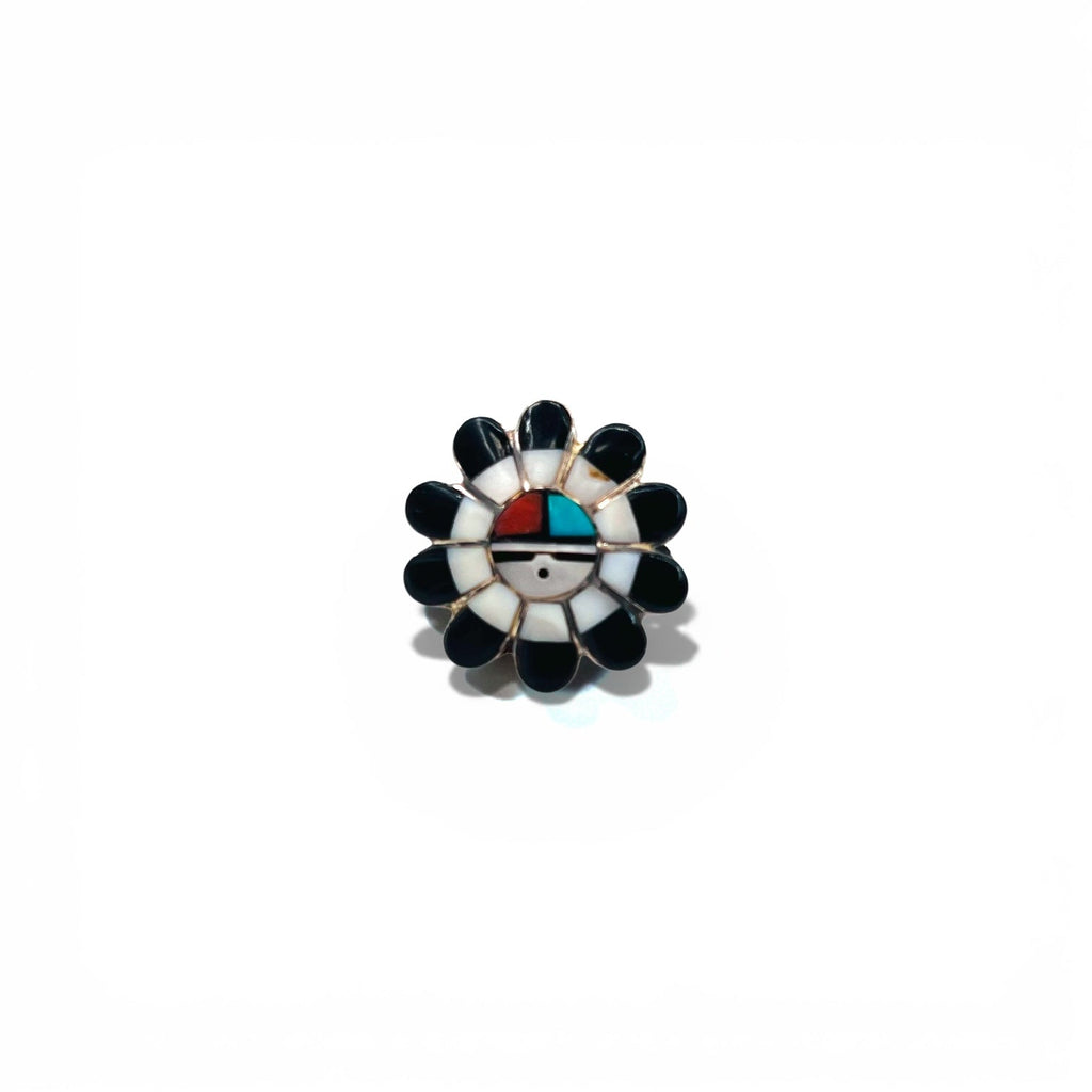 Vintage Zuni Sterling Silver Ring ズニ族 フラワー サンフェイス リング 指輪 11号 インレイ シルバー 刻印 ホールマーク ターコイズ コーラル シェル オニキス インディアンジュエリー