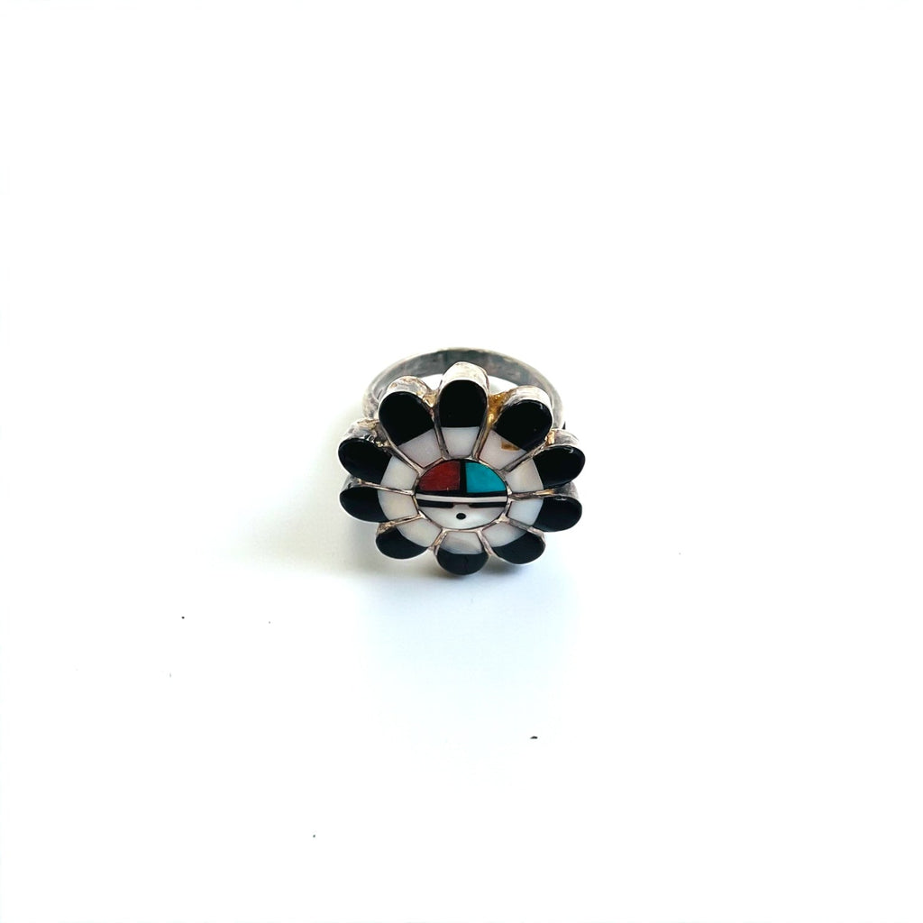 Vintage Zuni Sterling Silver Ring ズニ族 フラワー サンフェイス リング 指輪 11号 インレイ シルバー 刻印 ホールマーク ターコイズ コーラル シェル オニキス インディアンジュエリー
