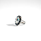 Vintage Zuni Sterling Silver Ring ズニ族 フラワー サンフェイス リング 指輪 11号 インレイ シルバー 刻印 ホールマーク ターコイズ コーラル シェル オニキス インディアンジュエリー