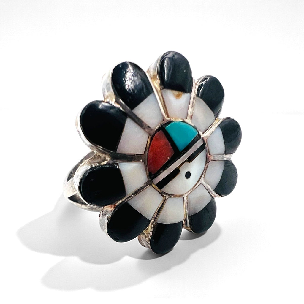Vintage Zuni Sterling Silver Ring ズニ族 フラワー サンフェイス リング 指輪 11号 インレイ シルバー 刻印 ホールマーク ターコイズ コーラル シェル オニキス インディアンジュエリー