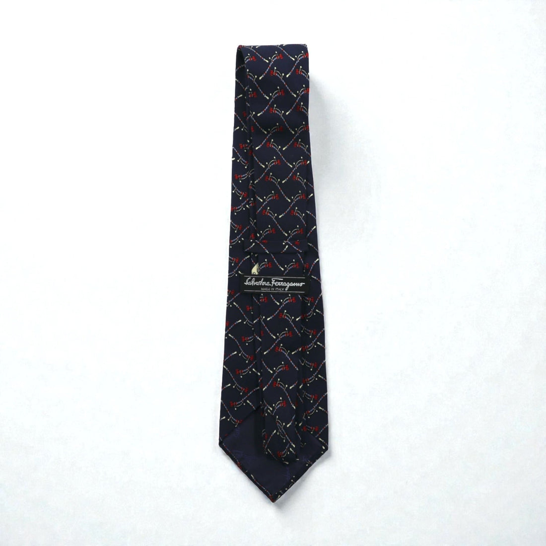 Salvatore Ferragamo Navy Silk Allover Pattern Rope Tie, Made in Italy