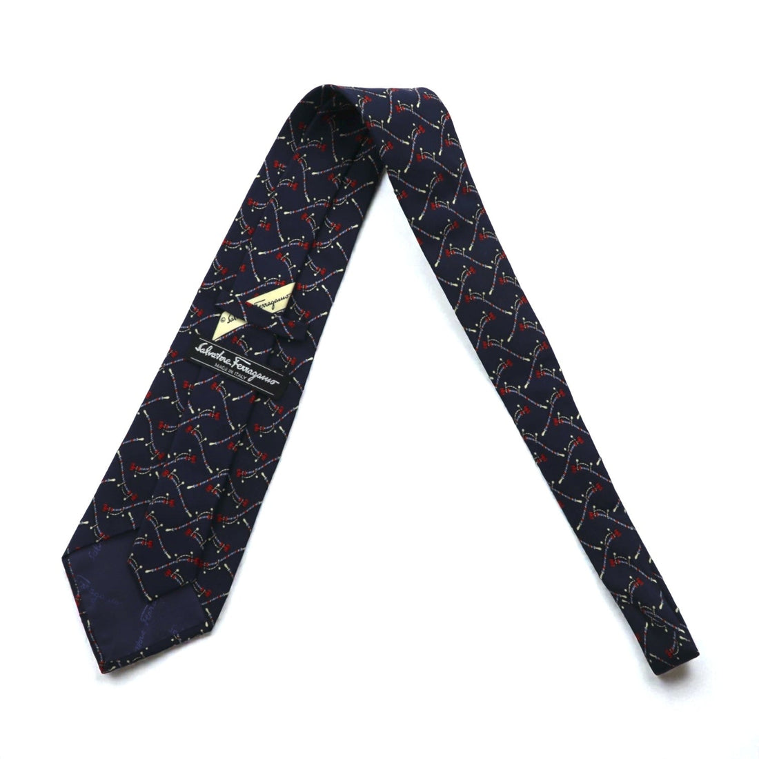 Salvatore Ferragamo Navy Silk Allover Pattern Rope Tie, Made in Italy