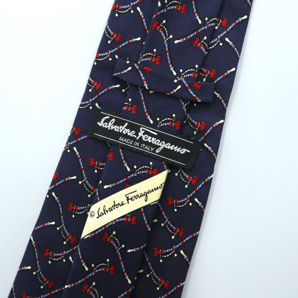 Salvatore Ferragamo Navy Silk Allover Pattern Rope Tie, Made in Italy