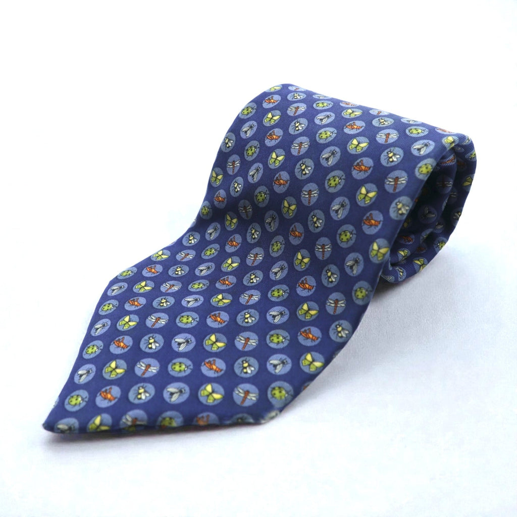 Salvatore Ferragamo Tie, Blue Silk, Allover Pattern, Small Print, Insect, Made in Italy