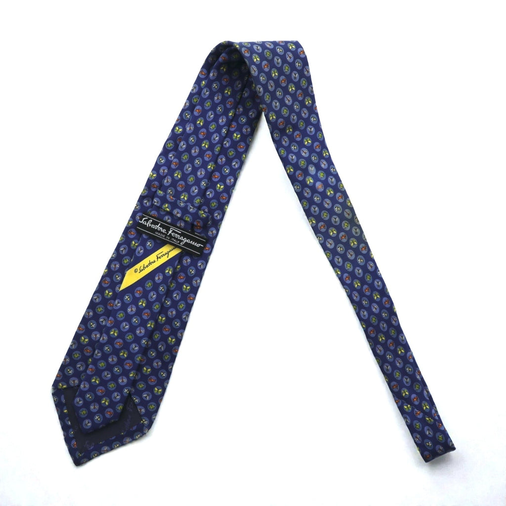 Salvatore Ferragamo Tie, Blue Silk, Allover Pattern, Small Print, Insect, Made in Italy