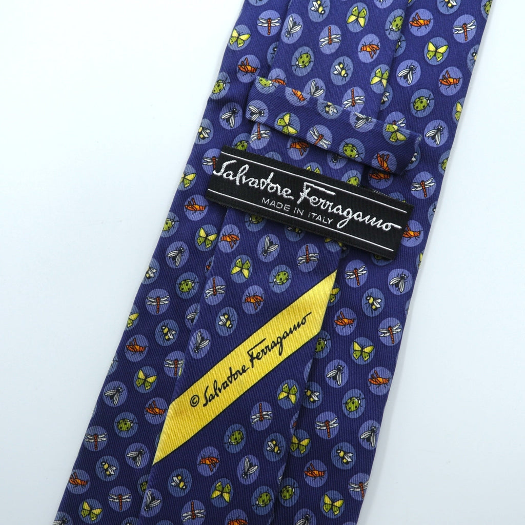 Salvatore Ferragamo Tie, Blue Silk, Allover Pattern, Small Print, Insect, Made in Italy