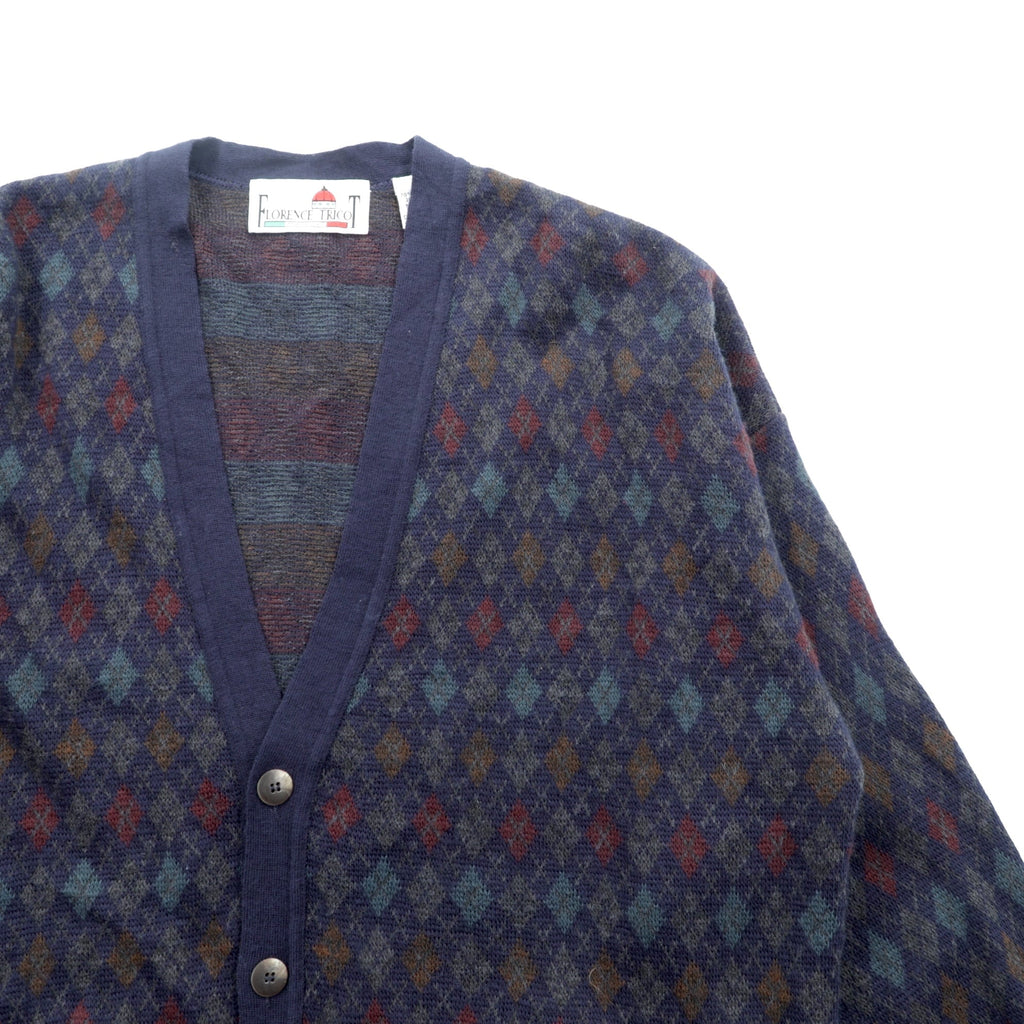 90s ITALY Vintage Knitwear Argyle Knit Cardigan, Medium, Navy, Florence Tricot, 90s, Made in