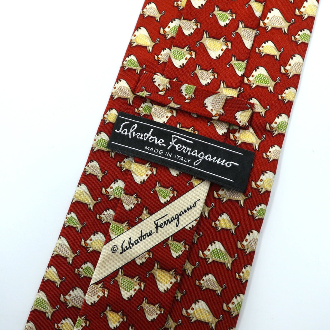 Salvatore Ferragamo tie, red silk, all-over pattern, wild boar, made in Italy