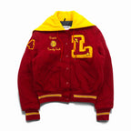 DeLONG 90s Made in USA Vintage Letter Varsity Jacket, XL Wool, Rabbit Hoodie, Sailor Color Embroidery, Patch, and Pin Badge Included.