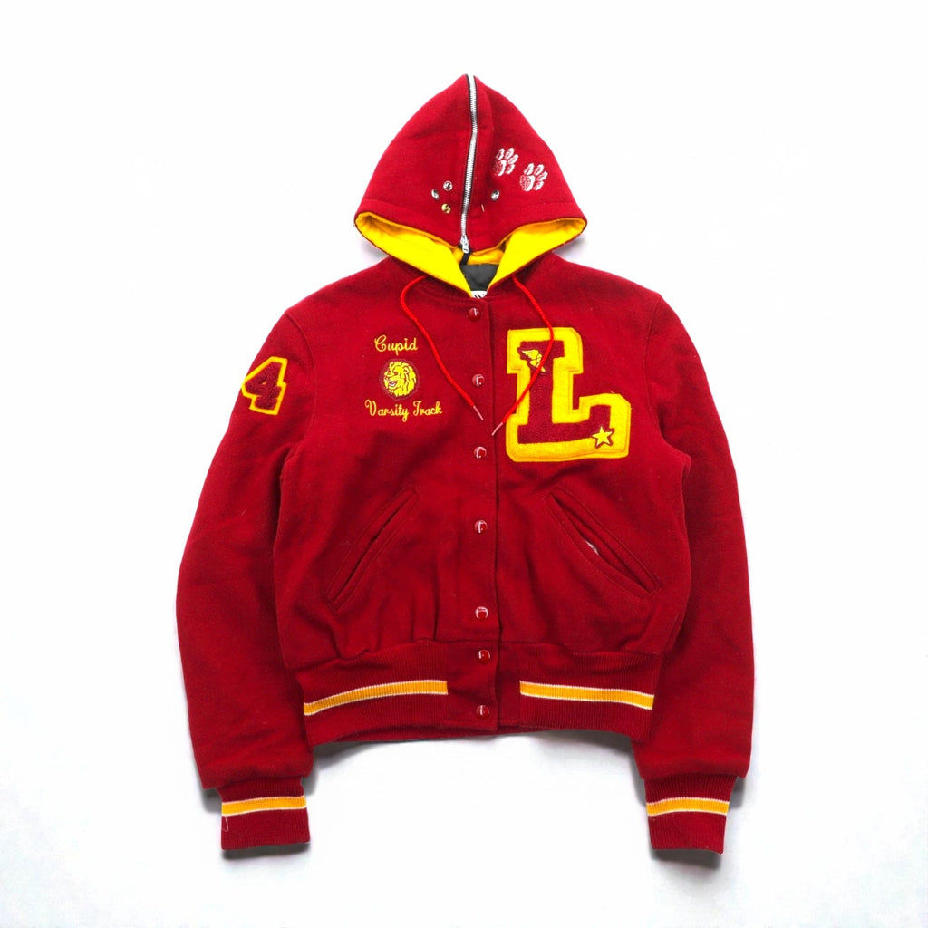 DeLONG 90s Made in USA Vintage Letter Varsity Jacket, XL Wool, Rabbit Hoodie, Sailor Color Embroidery, Patch, and Pin Badge Included.
